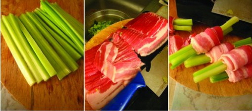 Cách làm cần tây và thịt xông khói cuộn