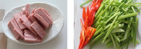 Thịt trưa xào cần tây bước 1-2